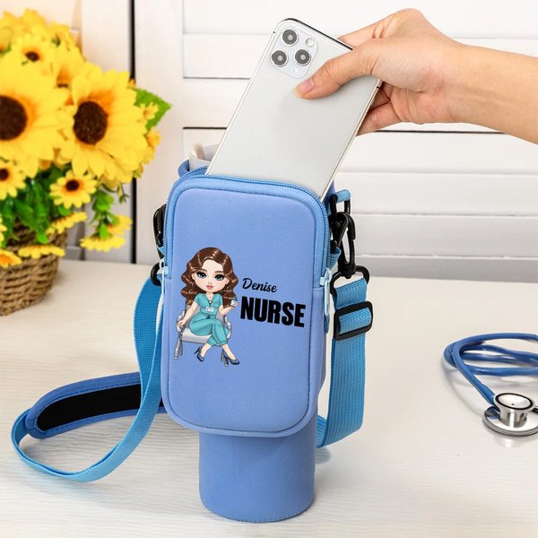 Personalized Cartoon Medical Character Name Water Bottle Carrier Bag with Removable Pouch and Adjustable Strap Appreciation Gift for Nurse Doctor