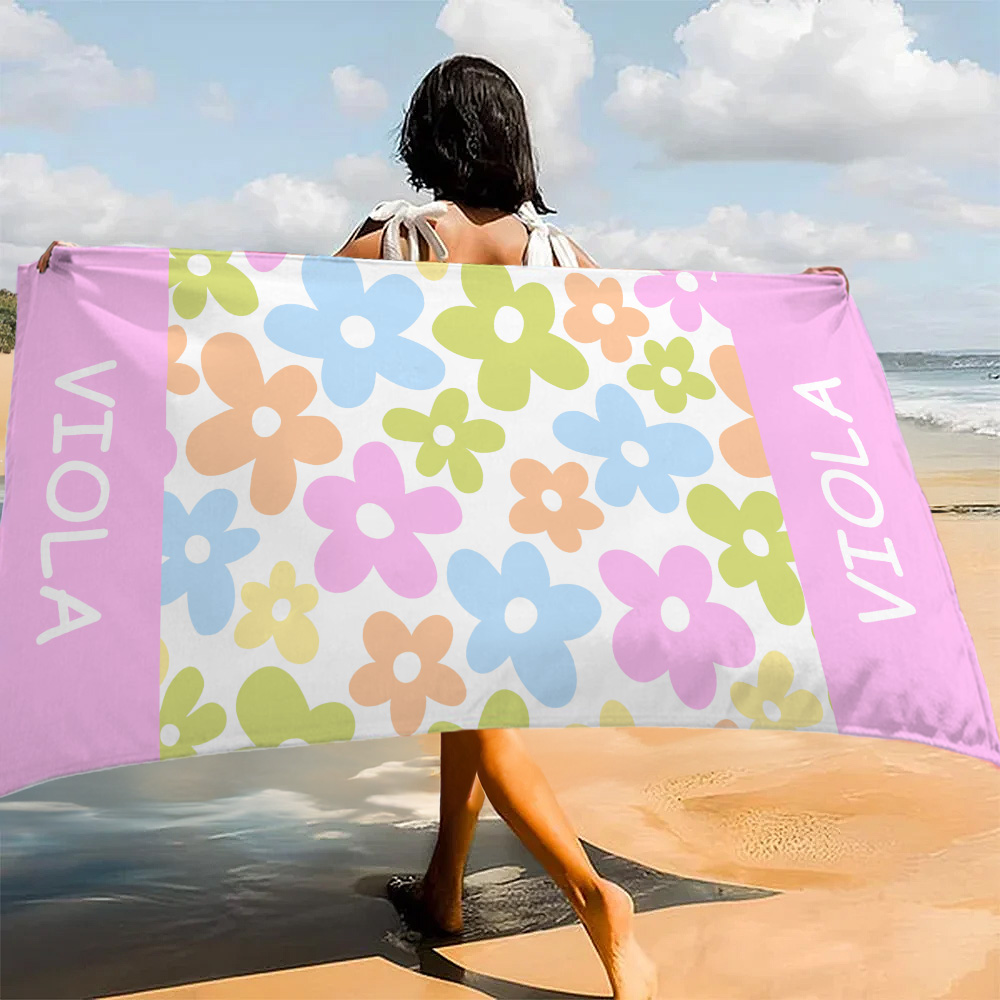 Serviette de plage à séchage rapide personnalisée avec nom, fleurs d'été, noix de coco, plaid, voyage, cadeau d'anniversaire essentiel pour les enfants, la famille et les amis.