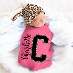 Leopardo Personalizado Nombre Inicial 100% Algodón Swaddle y Nudo Sombrero Set Baby Shower Cumpleaños Regalo para Recién Nacidos