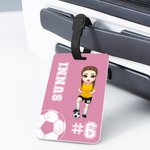 Personlig flerfärgad bagagetagg med namn och nummer för tecknad fotbollsfigur Reseprylar Födelsedagspresent för sportälskare