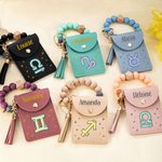 Personalized Zodiac Name Tassel Keychain Wristlet Leather Wallet with Beaded Bracelet Anniversary Birthday Gift for Women