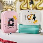 Personalized Balloon Grad Cap Initial Leather Jewellery Box with Name Year and LED Tri-Colour Makeup Mirror Birthday Graduation Gift for Graduates