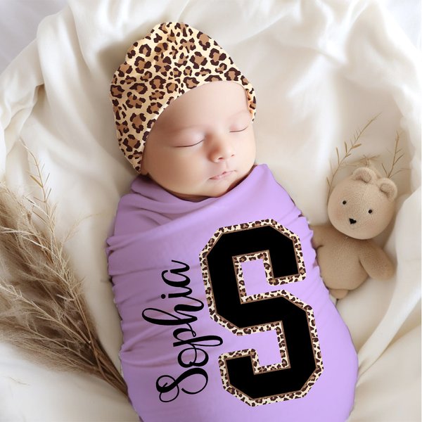 Personalized Leopard Initial Name 100% Cotton Swaddle and Knot Hat Set Baby Shower Birthday Gift for Newborns