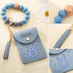 Personalized Zodiac Name Tassel Keychain Wristlet Leather Wallet with Beaded Bracelet Anniversary Birthday Gift for Women