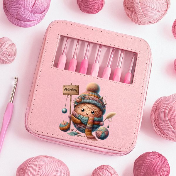 Personalized Cartoon Yarn Ball Pink Ergonomic Crochet Hooks Set of 8 with Scissor and Name Storage Case Birthday Gift for Craft Knitting Lovers
