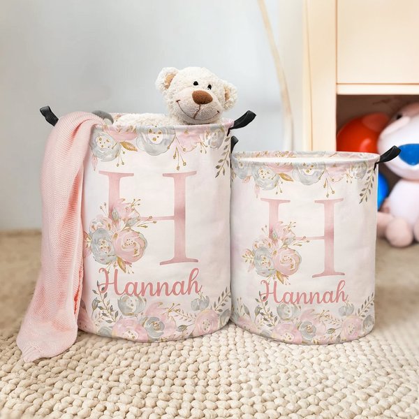 Personalized Waterproof Large Capacity Flower Initial Name Laundry Storage Basket with Handle Birthday Housewarming Gift for Kids Family