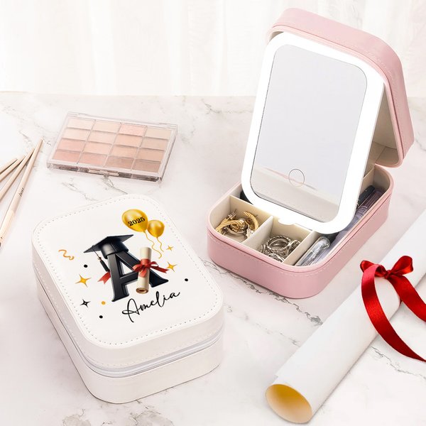 Personalised Balloon Grad Cap Initial Leather Jewellery Box with Name Year and LED Tri-Color Makeup Mirror Birthday Graduation Gift for Graduates