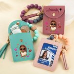 Personalisierte Mode Cartoon Mädchen Lippenstift Schlüsselanhänger Armband Brieftasche Karteninhaber mit Perlen Armband und Name Geburtstag Urlaub Geschenk für Frauen Mädchen