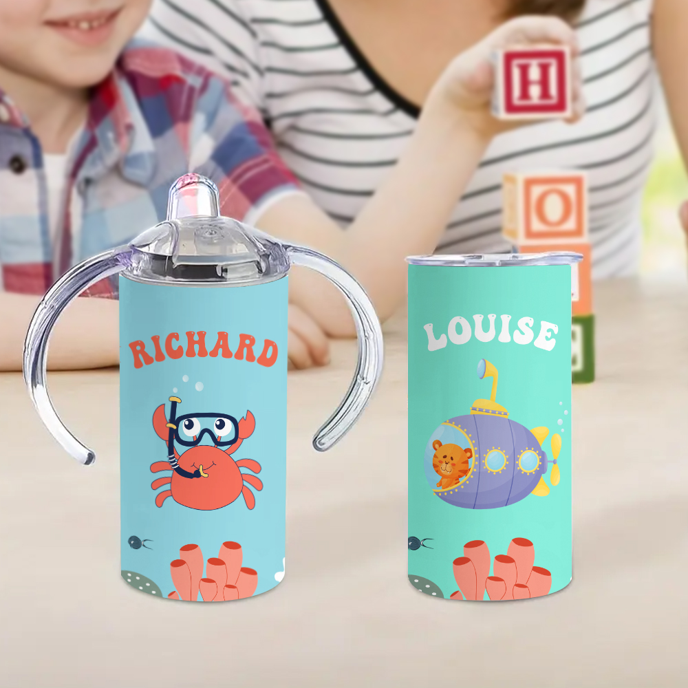 Gobelet 350 ml en Acier Inoxydable Personnalisé avec Nom et Motif Animal Deux Couvercles Cadeau Anniversaire Fête des Mères pour Enfant Nouvelle Maman