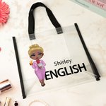 Personalized Cartoon Teacher Waterproof Large Clear Tote Bag with Name and Subject Birthday Appreciation Back to School Gift for Teacher