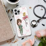 Personalisierte Cartoon Krankenschwester Arzt Bogen Geburt Blume Telefon Fall für iPhone mit Namen Anerkennung Geburtstagsgeschenk für medizinisches Personal