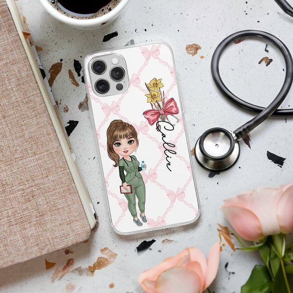 Personalizada de dibujos animados de la enfermera del arco médico de nacimiento de flores funda de teléfono para el iPhone con el nombre de Apreciación de regalo de cumpleaños para el personal médico