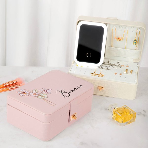 Personalised Vintage Birth Flower Jewellery Box with Name and Changing Color LED Makeup Mirror Travel Accessories Birthday Gift for Women Girls