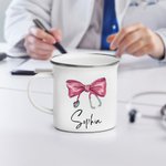 Personalisierte Bogen Stethoskop 11oz Silber Rand Emaille Becher mit Namen Krankenschwester Woche Geburtstag Anerkennung Geschenk für Krankenschwester Arzt medizinisches Personal