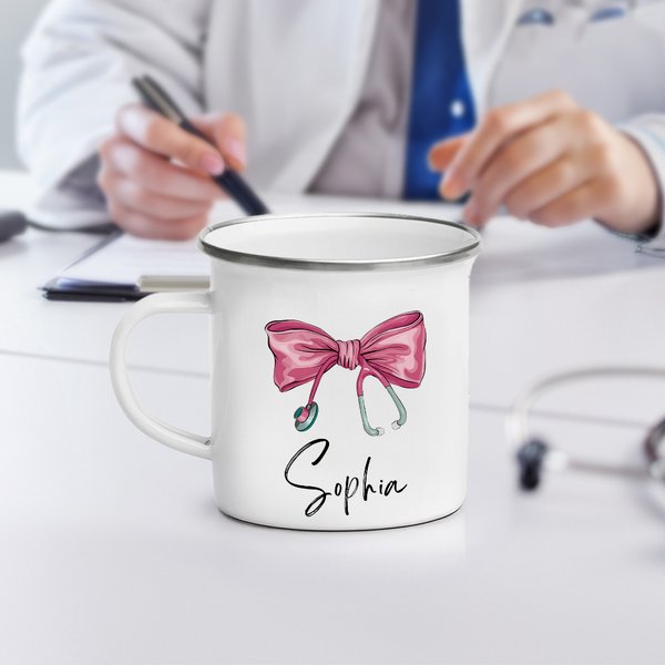 Personalized Bow Stethoscope 11oz Silver Rim Enamel Mug with Name Nurse Week Birthday Appreciation Gift for Nurse Doctor Medical Staff