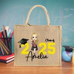 Personalized Cartoon Graduate Character Large Jute Tote Bag with Name Travel Essentials Graduation Gift for Women Men