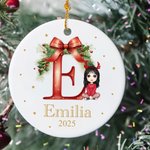 Personalized Holly Bow Initial Cartoon Ceramic Christmas Ornament with Name and Year Christmas Tree Decor Holiday Gift for Kids Family