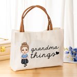 Personalisierte Oma Dinge Cartoon Charakter Canvas Tragetasche mit Ledergriff Reisezubehör Geburtstagsgeschenk für Oma Senior Frauen