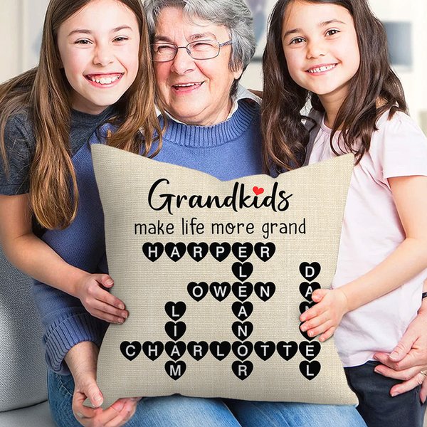 Personalised Grandkids Make Life More Grand Crossword Puzzle Soft Throw Pillow Cover with Names Mother's Day Father's Day Gift for Mom Grandparents