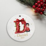 Personalized Holly Bow Initial Cartoon Ceramic Christmas Ornament with Name and Year Christmas Tree Decor Holiday Gift for Kids Family