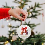 Personalized Holly Bow Initial Cartoon Ceramic Christmas Ornament with Name and Year Christmas Tree Decor Holiday Gift for Kids Family
