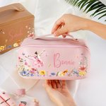 Personalised Ballet Girl Birth Flower Butterfly PU Leather Wide Open Makeup Bag with Name Birthday Gift for Ballerina Ballet Lover