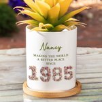 Personalizado 3D Año de Nacimiento Rosas Plumas Suculentas Maceta de Cerámica con Drenaje y Bandeja de Bambú Cumpleaños Decoración del Hogar Regalo para la Familia Amigos