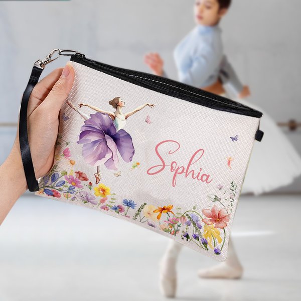 Personalized Ballet Girl Birth Flower Butterfly Linen Makeup Bag with Name and Wristlet Strap Birthday Gift for Ballerina Ballet Lover