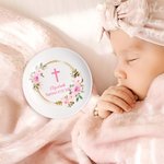 Personalizada Floral Cruz Guirnalda Ronda de cerámica Baratija Joyería Plato con Nombre Primera Comunión Bautizo Cumpleaños Regalo para Mujeres Cristianas