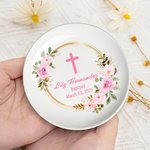 Personalizada Floral Cruz Guirnalda Ronda de cerámica Baratija Joyería Plato con Nombre Primera Comunión Bautizo Cumpleaños Regalo para Mujeres Cristianas