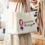 Personalisierte Oma Dinge Cartoon Charakter Canvas Tragetasche mit Ledergriff Reisezubehör Geburtstagsgeschenk für Oma Senior Frauen