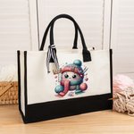 Personalized Cartoon Crochet Pattern Large Canvas Tote Bag with Name Travel Accessories Birthday Gift for Knitting Lovers