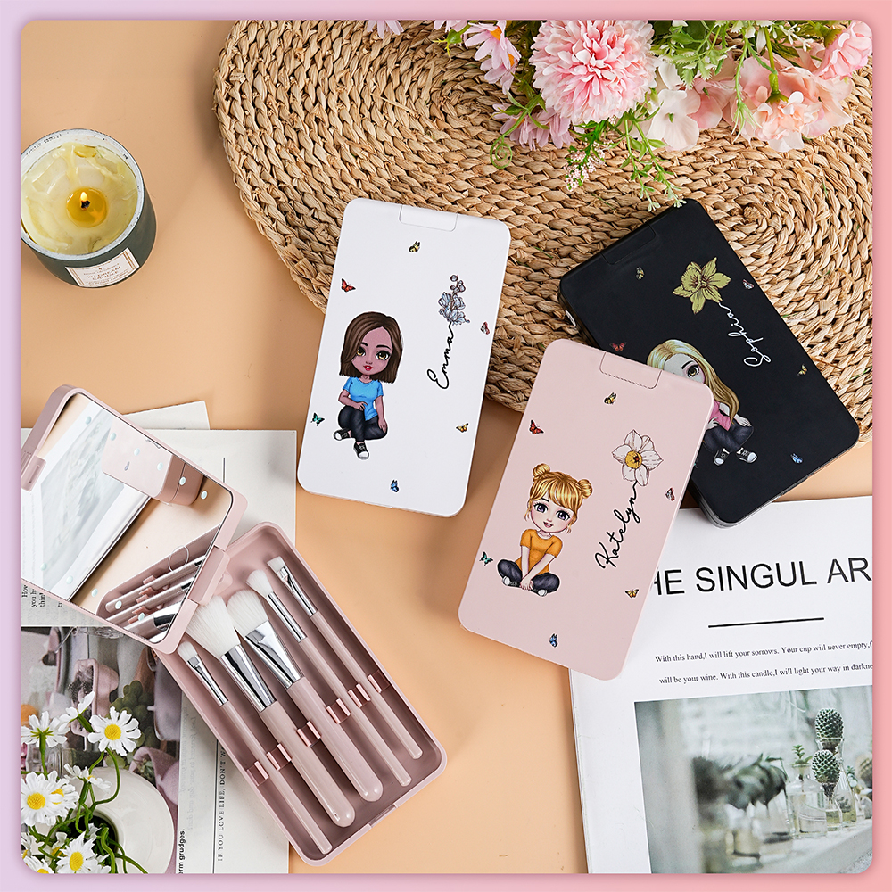 Personalized Cartoon Character Birth Flower Name Makeup Brush Set with LED Mirror Birthday Mother's Day Gift for Women