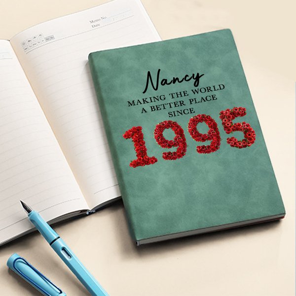 Personalized Birth Year Roses Feathers Succulents Design A5 A6 Leather Lined Notebook with Text Birthday Journal Essentials Gift for Friends Family