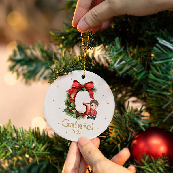 Personalised Holly Bow Initial Cartoon Ceramic Christmas Ornament with Name and Year Christmas Tree Decor Holiday Gift for Kids Family