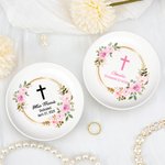 Personalizada Floral Cruz Guirnalda Ronda de cerámica Baratija Joyería Plato con Nombre Primera Comunión Bautizo Cumpleaños Regalo para Mujeres Cristianas