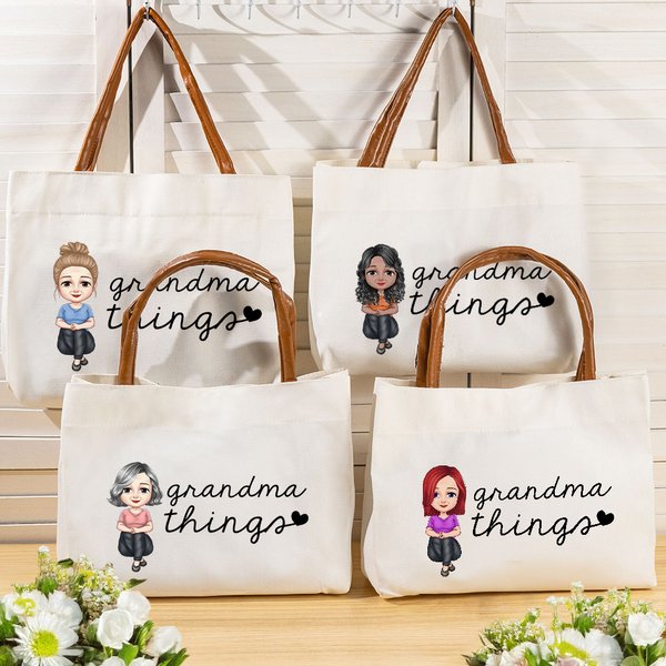 Personlig mormor saker tecknad karaktär Canvas Tote väska med läderhandtag rese tillbehör födelsedagspresent för mormor senior kvinnor