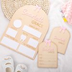 Personalised Wooden Coquette Bow Baby Name Sign Set of 3 with Birth Information Nursery Decor Baby Shower Gift for New Mom New Dad