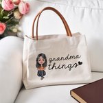 Personalisierte Oma Dinge Cartoon Charakter Canvas Tragetasche mit Ledergriff Reisezubehör Geburtstagsgeschenk für Oma Senior Frauen