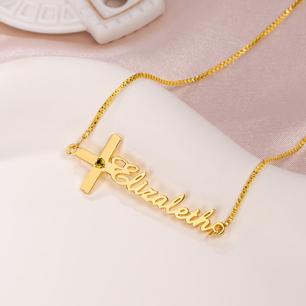 Collier croix de pierre de naissance personnalisée avec nom Jésus Bijoux Anniversaire Baptême Chrétien Cadeau pour Femme