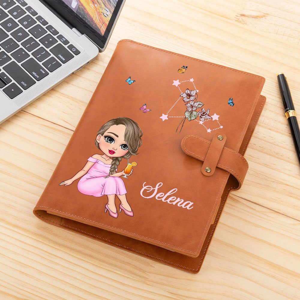 Couverture de cahier en cuir PU avec nom Graduate Horoscope Birth Flower Cadeau d'anniversaire pour femmes