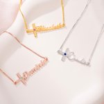 Personalized Dainty Birthstone Cross Necklace with Name Jesus Jewellery Birthday Christian Baptism Gift for Women