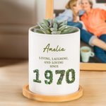 Personalizado 3D Año de Nacimiento Rosas Plumas Suculentas Maceta de Cerámica con Drenaje y Bandeja de Bambú Cumpleaños Decoración del Hogar Regalo para la Familia Amigos