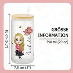 Personalisierter Glasbecher mit Niedlicher Cartoon-Figur Geburtsblume Namen Bambusdeckel und Strohhalm 590 ml Geburtstag Muttertag Geschenk für sie