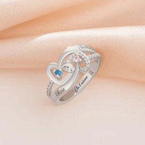 Bague Personnalisée avec 2 Noms et Pierres de Naissance dans les Cœurs Entrelacés Cadeau Anniversaire Fête des Mères pour Femme