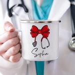 Personalisierte Bogen Stethoskop 11oz Silber Rand Emaille Becher mit Namen Krankenschwester Woche Geburtstag Anerkennung Geschenk für Krankenschwester Arzt medizinisches Personal