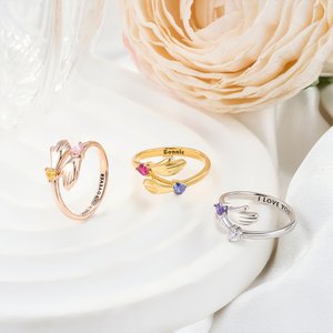 Personalised Dainty Heart Birthstone Hug Ring with Engraved Text Minimalist Jewellery Mother's Day Birthday Gift for Women