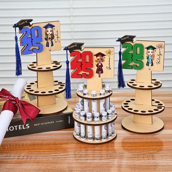 Personalized Cartoon Graduate Birth Flower Wooden Layered Cake Shape Money Holder with Name and Tassel Graduation Gift for Class of 2025 Women