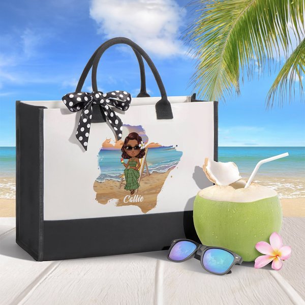 Personalisierte Sunny Beach Style niedlich Cartoon Mädchen große Canvas Tasche mit Namen Geburtstag Urlaub Party Geschenk für Frauen
