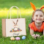 Personalisiertes Tote Bag Jute-Tasche Skurriler Osterhase mit Namen Große Kapazität Ostereiersuche Tasche Geschenk für Kinder